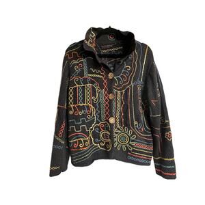 VTG Chico’s Abstract Folk Embroidered Boho Sweater Size M Wearable Art Festival